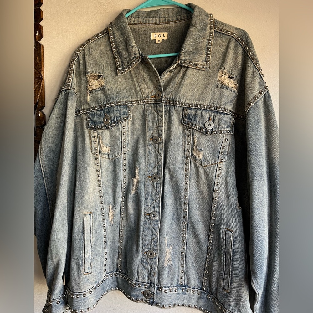 POL Studded Distressed Light Wash Denim Jacket